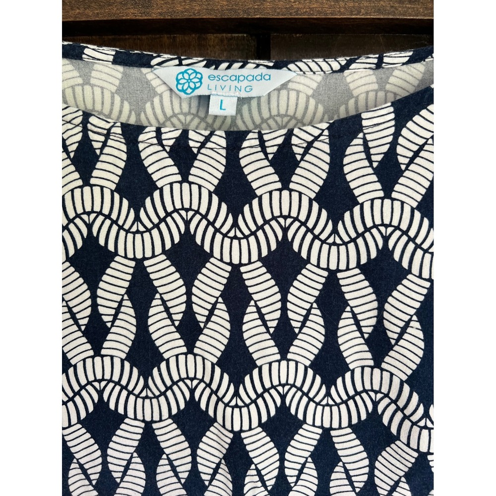 Escapada Living Navy White Geometric Rope Print Boatneck Tie Sleeve Blouse L - Picture 3 of 8